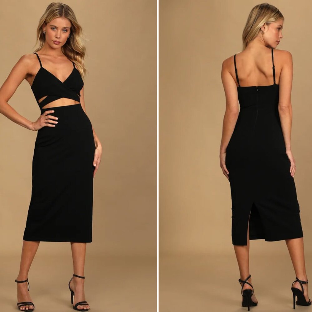 Lulus Cross Your Heart Black Surplice Cutout Bodycon Midi Dress NWT